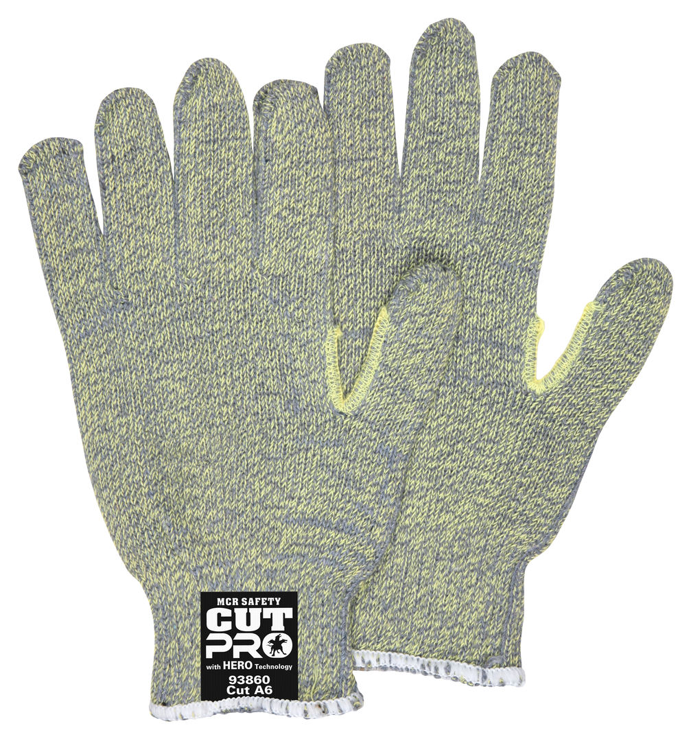 93860 - MCR Safety CutPro® with Hero™ Technology - 7 Gauge Regular Weight Shell - Made with ARX® Aramid Fibers - Uncoated Cut Resistance * NOTE ROLLING CHANGE* This glove is transitioning from Cut level A6 to A7 See Details Below **