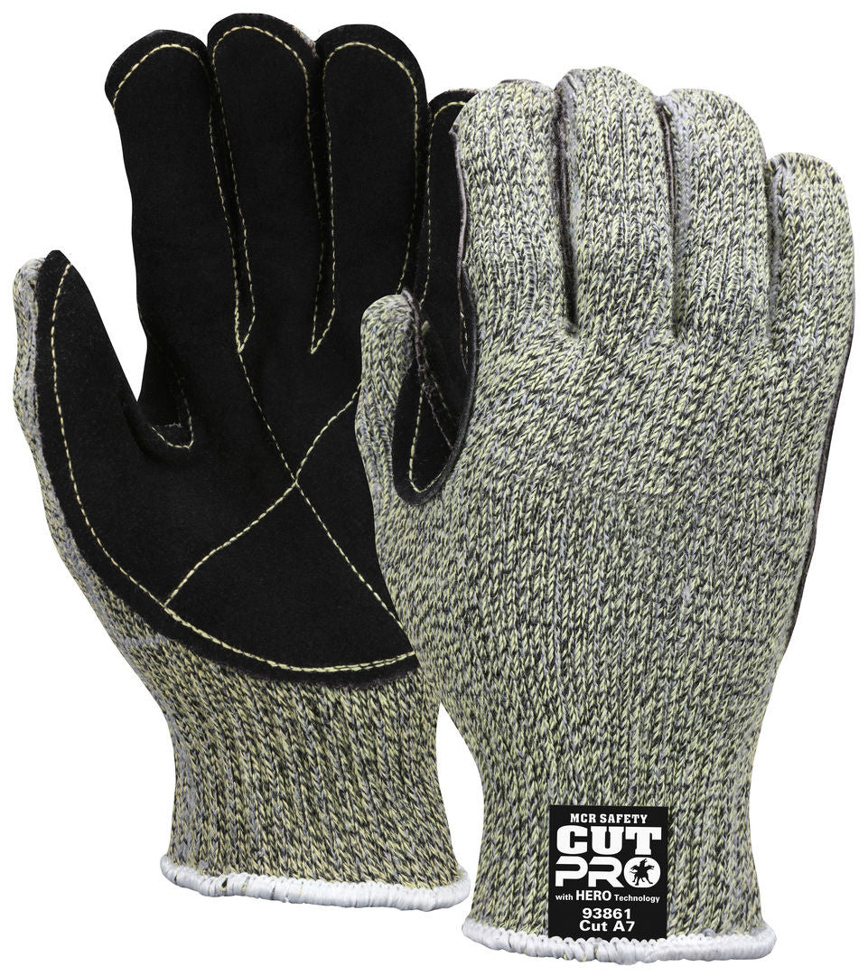 93861 - MCR Safety CutPro® with Hero™ Technology - 7 Gauge Regular Weight Shell Made with ARX® Aramid Fibers - Cut Resistant Work Gloves - Leather Palm