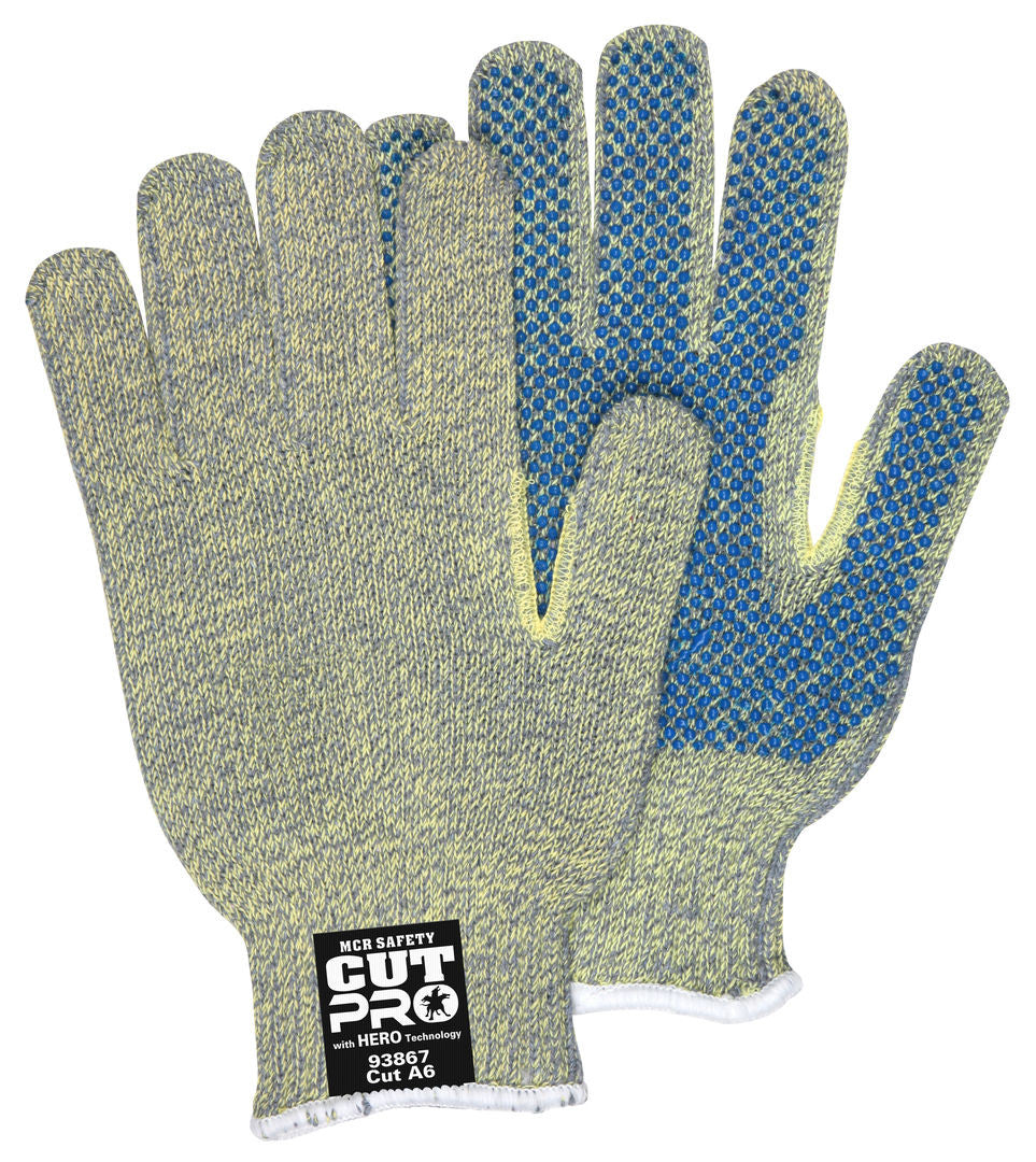 93867 - MCR Safety CutPro® with Hero™ Technology - 7 Gauge Regular Weight Shell Made with ARX® Aramid Fibers - PVC Dotted Palm - Cut Resistant Work Gloves - PVC Dots aid with Abrasion Resistance and Gripping Power
