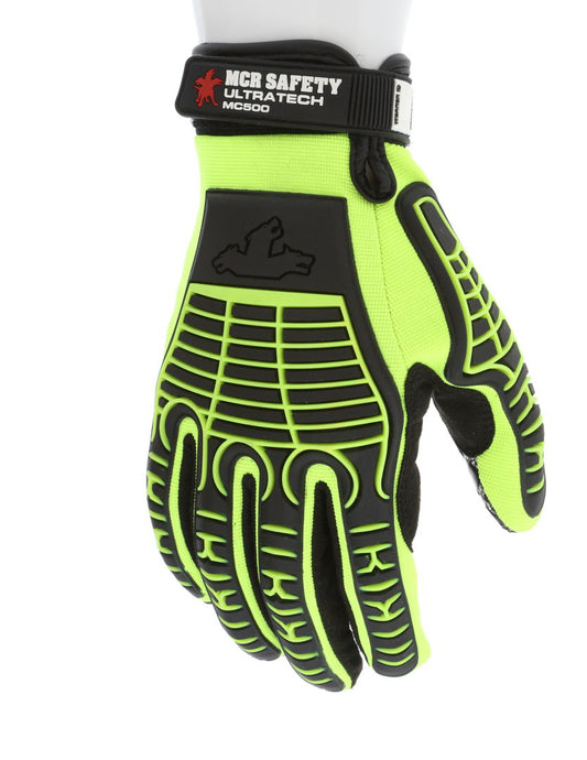 MC500 - MCR Safety UltraTech® Mechanics Gloves - Hi-Visibility Cut and Abrasion Resistant Gloves - 10 Gauge HPPE/Synthetic Brushed Nylon - Silicone Palm Blocks and TPR Cage Back - Excellent Cut Resistance with Back-of-Hand Impact Protection