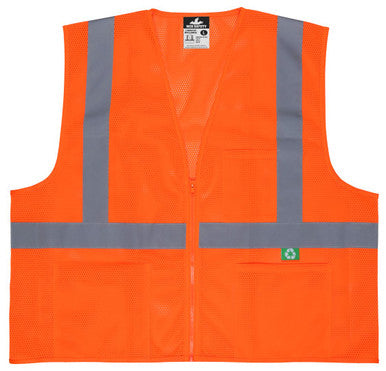 MCR Safety RVCL2MOZ - Hi-Vis Reflective Orange Safety Vest - Manufactured with Recycled Materials - Meets ANSI/ISEA 107 2020 Standard - Type R Class 2 Compliant - Made with Environmentally Friendly Recycled Water Bottles and Polyester