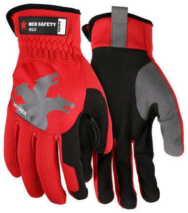 MCR Safety 952 - MCR Safety HyperFit® - Red Mechanics Work Gloves - Synthetic Leather Palm - Reflective Logo on Back - Super Stretch Knuckle Fabric - Slip-on Cuff and Reinforced Thumb Crotch for Maximum Comfort and Wear