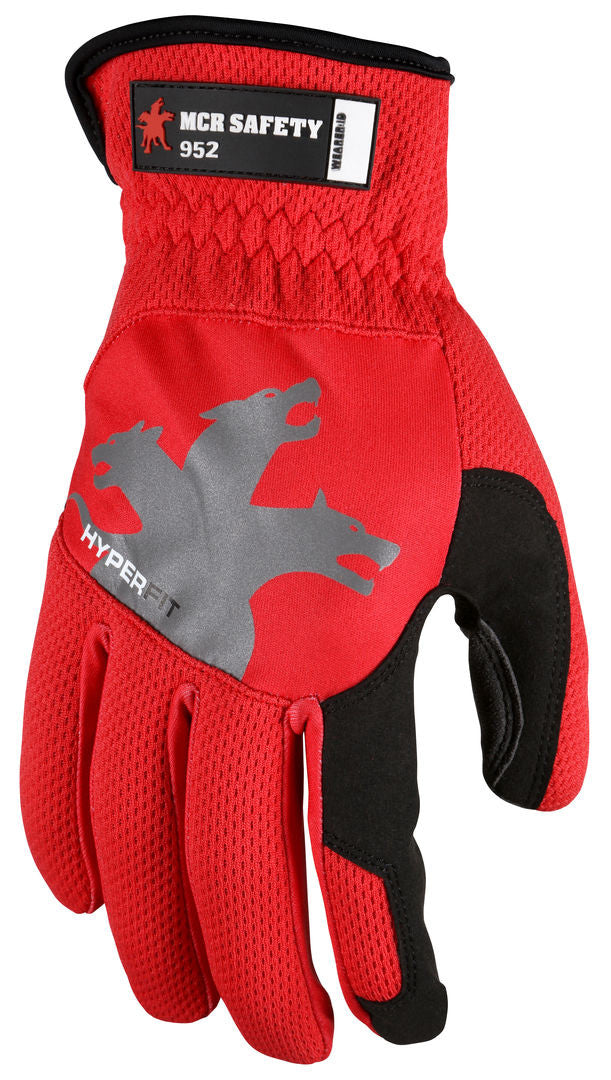 MCR Safety 952 - MCR Safety HyperFit® - Red Mechanics Work Gloves - Synthetic Leather Palm - Reflective Logo on Back - Super Stretch Knuckle Fabric - Slip-on Cuff and Reinforced Thumb Crotch for Maximum Comfort and Wear — manufacturer image 4