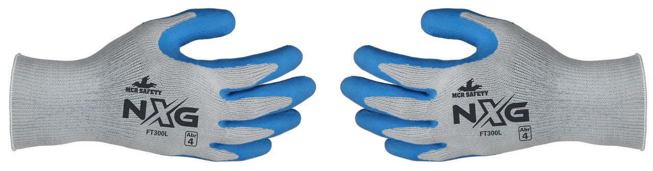 FT300 - MCR Safety NXG® Work Gloves - 10-Gauge Gray Cotton/Polyester Shell - Blue Latex Palm and Fingertips - NXG® Provides Premium Quality, Comfort, and Fit - A Great Choice for Long Workdays