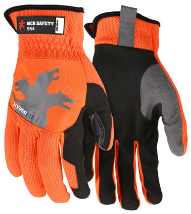 MCR Safety 954M - MCR Safety HyperFit® - Hi-Vis Orange Mechanics Work Gloves - Synthetic Leather Palm - Reflective Logo on Back - Super Stretch Knuckle Fabric - Slip-on Cuff and Reinforced Thumb Crotch for Maximum Comfort and Wear