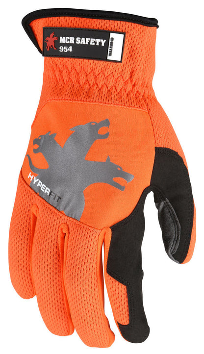 MCR Safety 954M - MCR Safety HyperFit® - Hi-Vis Orange Mechanics Work Gloves - Synthetic Leather Palm - Reflective Logo on Back - Super Stretch Knuckle Fabric - Slip-on Cuff and Reinforced Thumb Crotch for Maximum Comfort and Wear — manufacturer image 4
