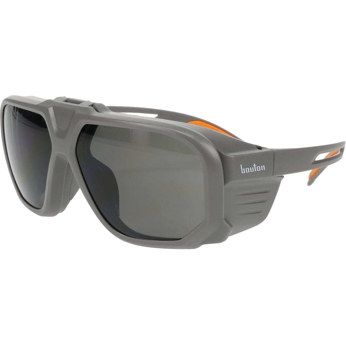 Bouton Optical 250-44-0G50 – Flip-Up Safety Glasses with Gray Shade 5.0 IR Outer Lens, Gray/Orange Frame, and Anti-Scratch Coating