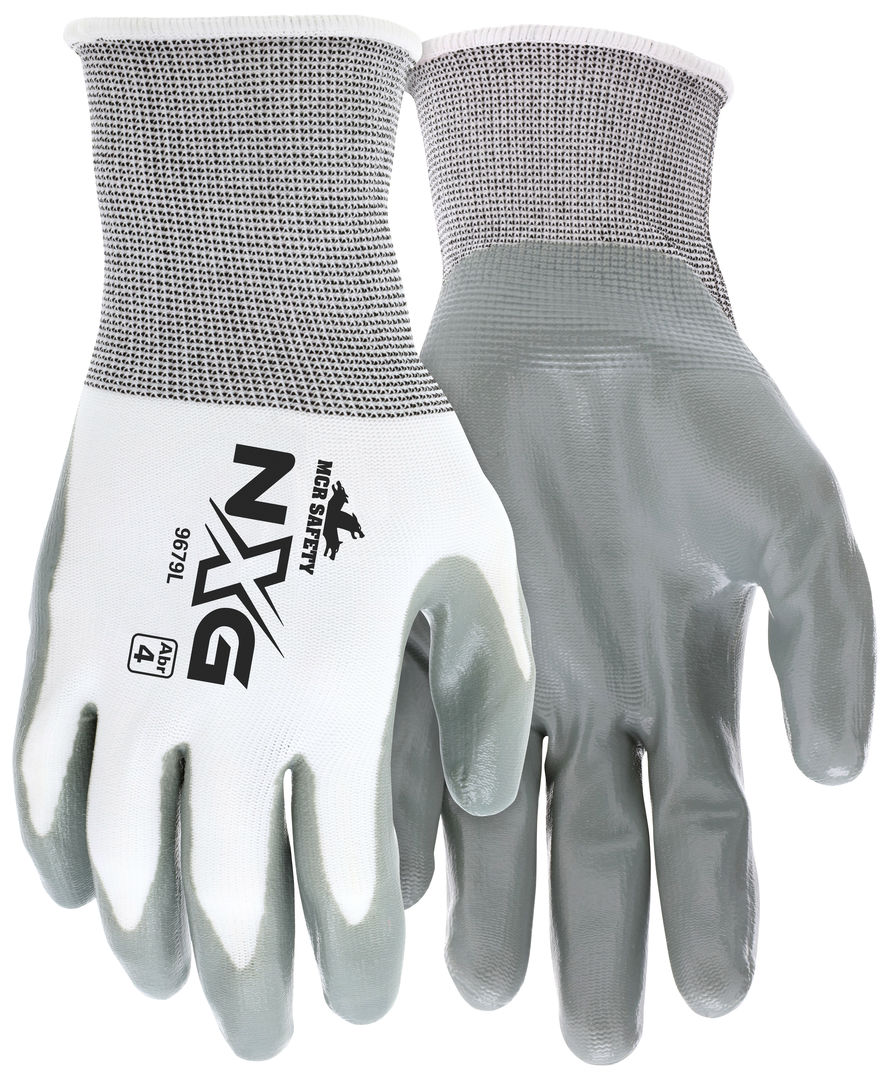 9679 - MCR Safety NXG® Work Gloves - 13 Gauge White Nylon Shell - Gray Nitrile Coated Palm and Fingertips - Premium Quality, Comfort, and Fit for Long Workdays
