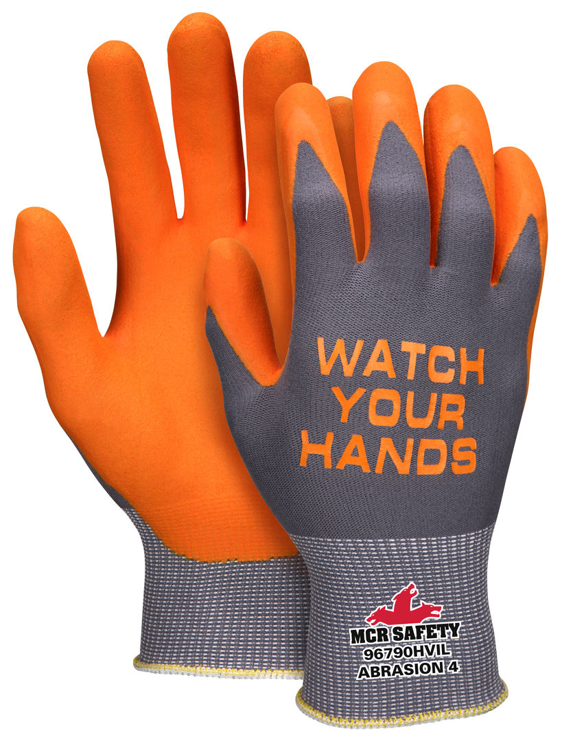 96790HVI - Hi-Visibility Palm Work Gloves - 15 Gauge Gray Nylon Shell - Hi-Vis Orange Nitrile Foam Palm and Fingertips - Watch Your Hands Logo on Back - Orange "Watch Your Hands" Logo Serves as a Reminder to Be Safe