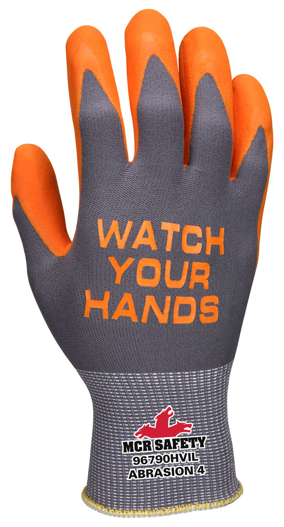 96790HVI - Hi-Visibility Palm Work Gloves - 15 Gauge Gray Nylon Shell - Hi-Vis Orange Nitrile Foam Palm and Fingertips - Watch Your Hands Logo on Back - Orange "Watch Your Hands" Logo Serves as a Reminder to Be Safe