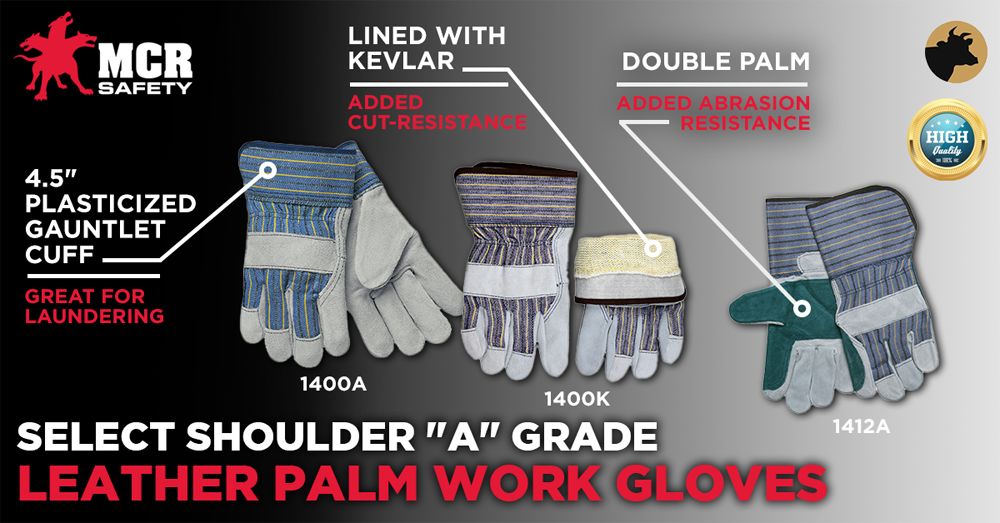 1400K - Leather Palm Work Gloves - Select B+ Grade - Split Shoulder Leather - DuPont™ Kevlar® Aramid Plaited Liner - 2.5-Inch Plasticized Safety Cuff
