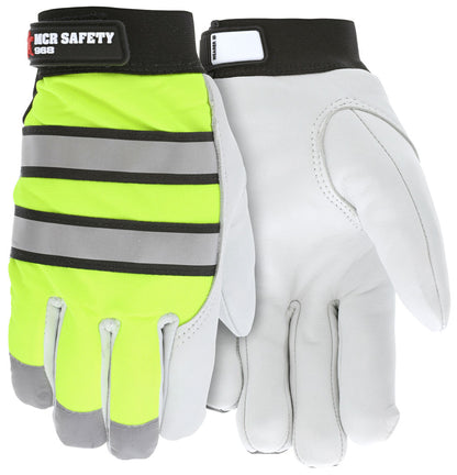 968 - MCR Safety Mechanics Gloves - Insulated Grain Goatskin Palm - Fluorescent Lime Back with Reflective Stripes - Lined with Thermosock® for Cold Weather Protection