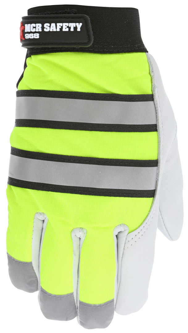 968 - MCR Safety Mechanics Gloves - Insulated Grain Goatskin Palm - Fluorescent Lime Back with Reflective Stripes - Lined with Thermosock® for Cold Weather Protection
