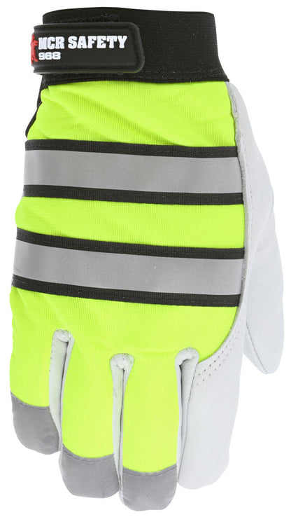 968 - MCR Safety Mechanics Gloves - Insulated Grain Goatskin Palm - Fluorescent Lime Back with Reflective Stripes - Lined with Thermosock® for Cold Weather Protection