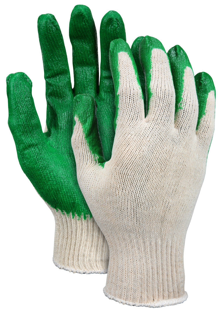 9681 - 10 Gauge Natural Cotton/Polyester Work Gloves - Green Latex Coated Palm and Fingertips - Latex Palm Provides Additional Gripping Power