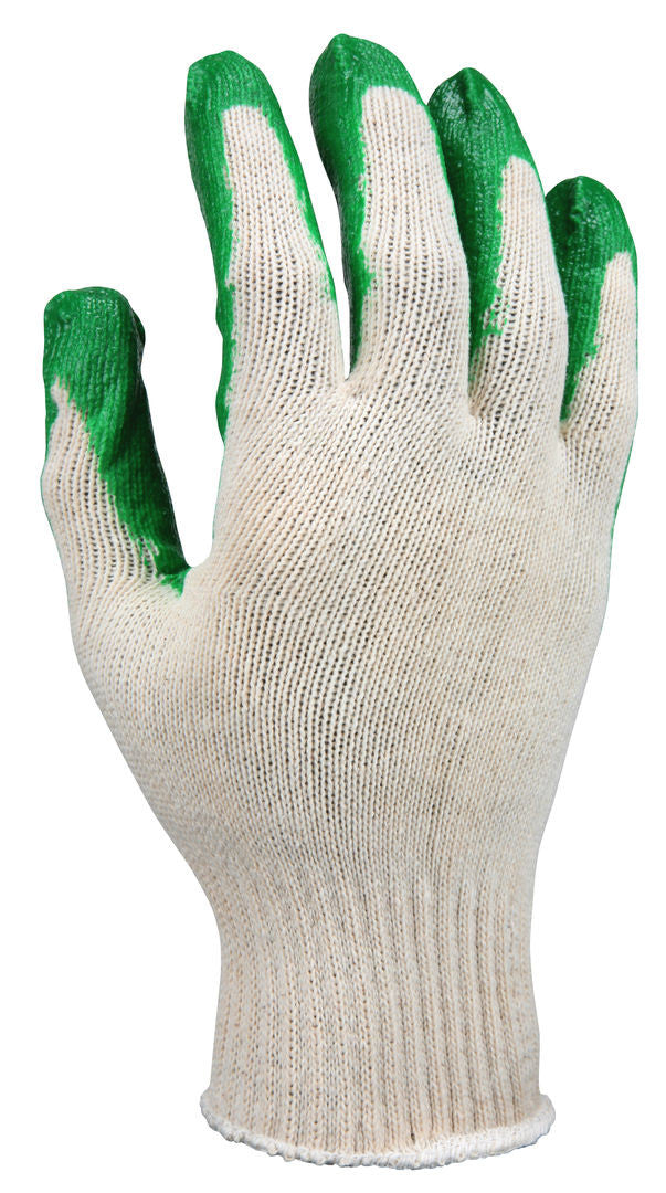9681 - 10 Gauge Natural Cotton/Polyester Work Gloves - Green Latex Coated Palm and Fingertips - Latex Palm Provides Additional Gripping Power