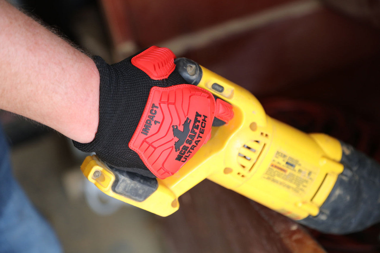 UT1950 - MCR Safety UltraTech® Mechanics Gloves - Black Sandy Nitrile Foam Palm - TPR Back of Hand Protection - 13-Gauge Nylon Shell - Hi-Vis TPR Back of Hand Provides Excellent Impact Protection