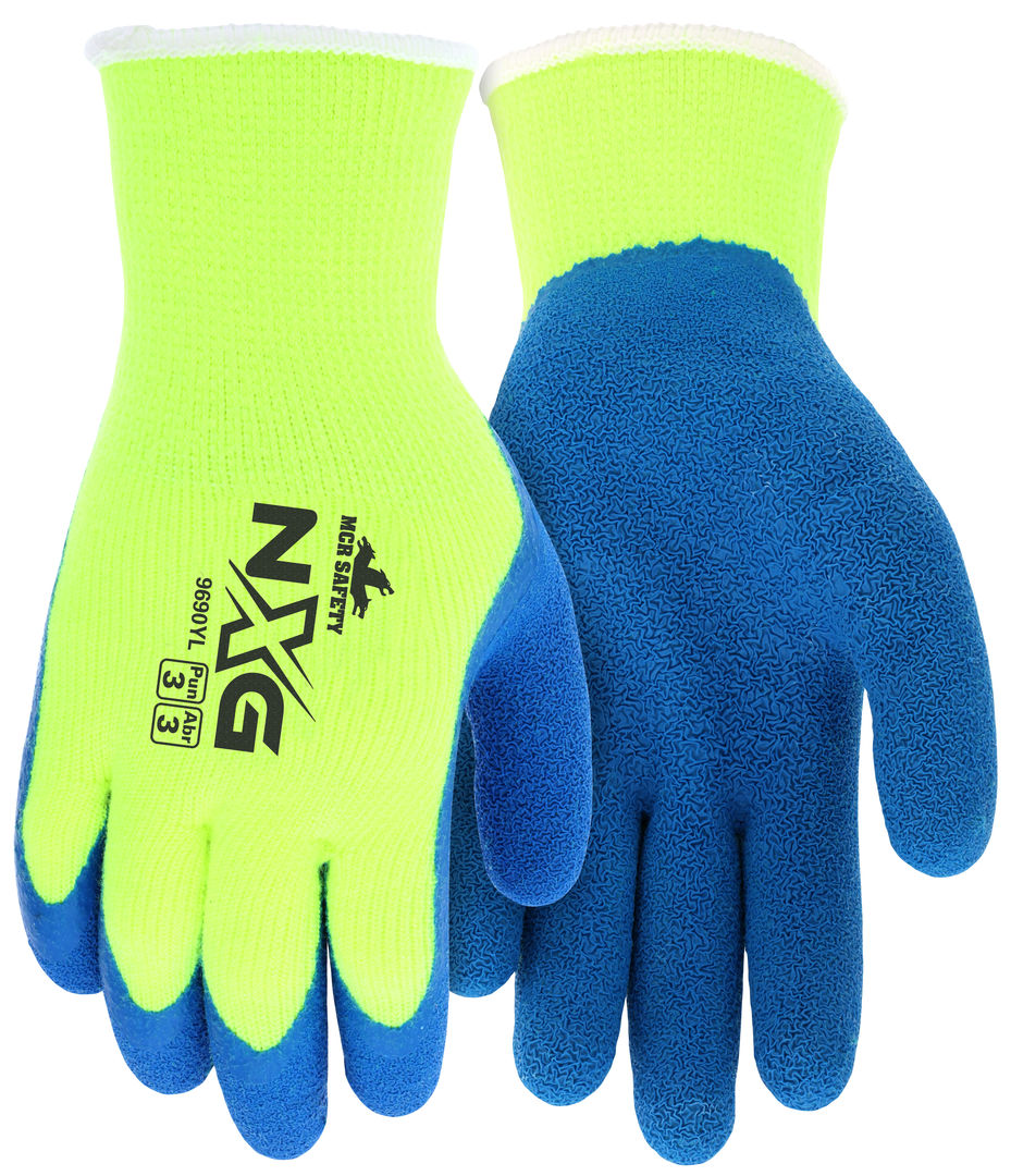 9690Y - MCR Safety NXG® Insulated Work Gloves - 10 Gauge Hi-Visibility Acrylic Shell - Blue Latex Coated Palm and Fingertips - NXG® Provides Premium Quality, Comfort, and Fit - A Great Choice for Long Workdays