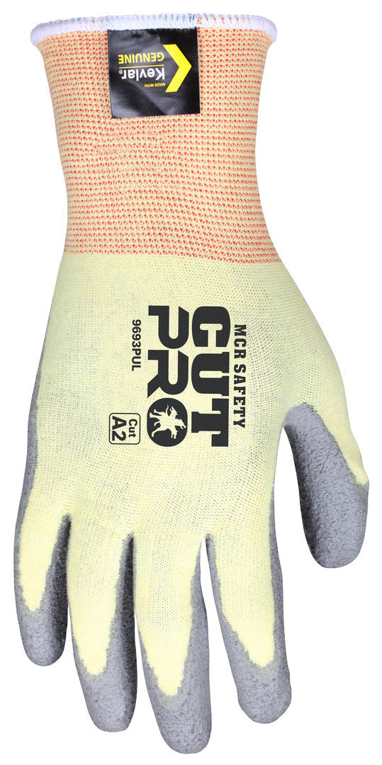 9693PU - MCR Safety CutPro® - 15 Gauge Stretch DuPont™ Kevlar® Aramid Shell - Cut Resistant Work Gloves - Gray Polyurethane (PU) Coated Palm and Fingertips - Light PU Coating Provides a More Flexible Option