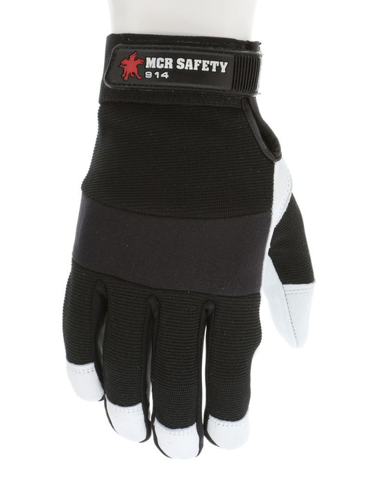 914 - MCR Safety Mechanics Gloves - Premium Grain Goatskin - Padded Palm - Neoprene Knuckle Strap - Spandex Back with Adjustable Hook and Loop Wrist Closures - Goatskin Provides Natural Lanolin that Keep Gloves Soft - Excellent Tensile Strength
