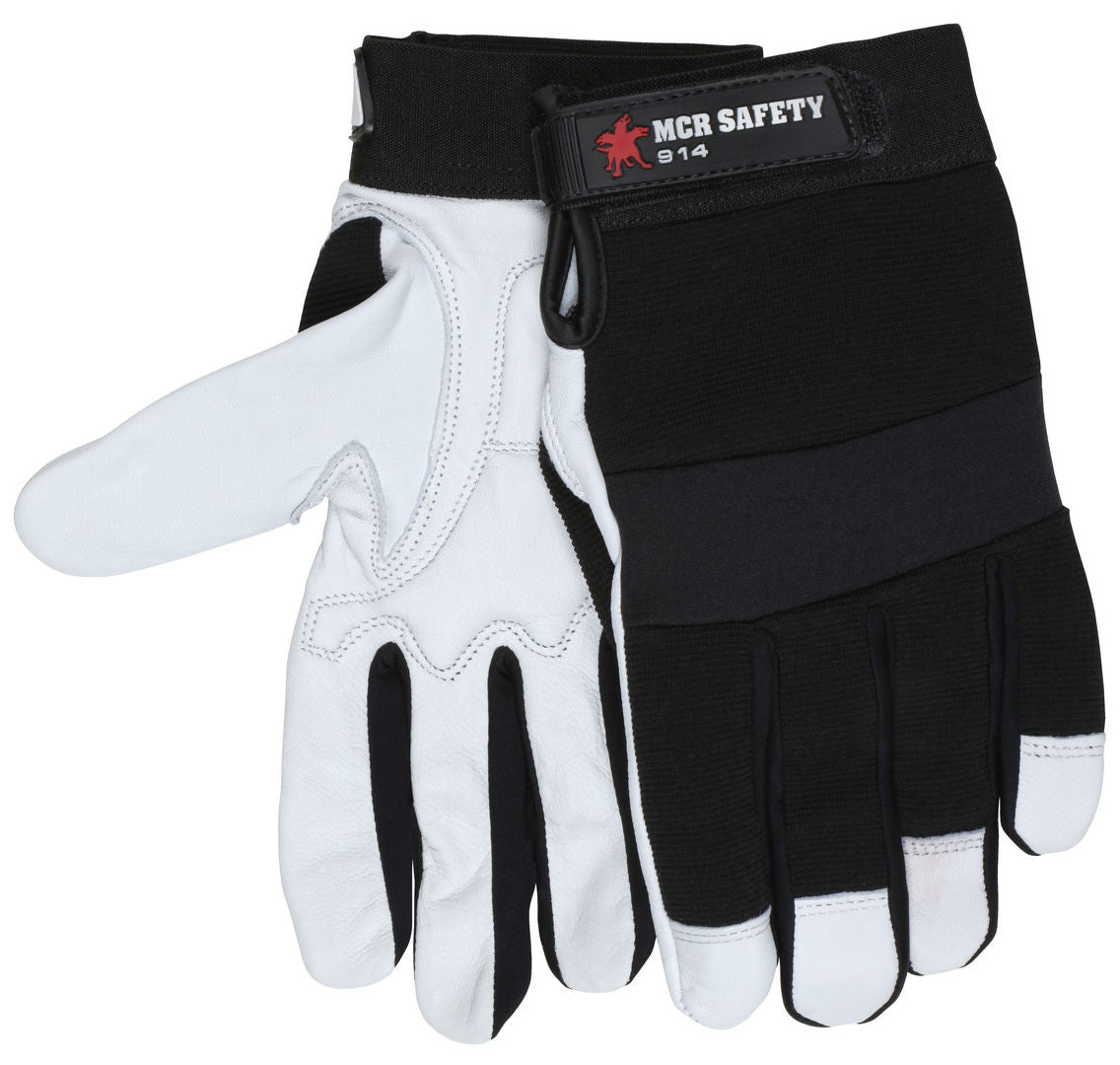 914 - MCR Safety Mechanics Gloves - Premium Grain Goatskin - Padded Palm - Neoprene Knuckle Strap - Spandex Back with Adjustable Hook and Loop Wrist Closures - Goatskin Provides Natural Lanolin that Keep Gloves Soft - Excellent Tensile Strength