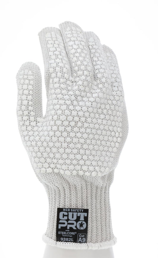 9382XL - MCR Safety Steelcore® ll 7-Gauge Cut Resistant Work Gloves Polyester Wrapped Stainless Steel PVC Blocks on Two Sides FDA-accepted materials allow these gloves to be used as kitchen cut-resistant gloves