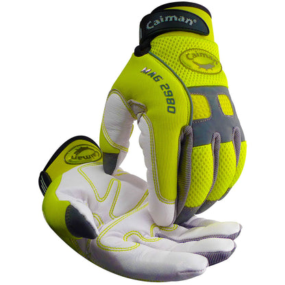 PIP 2980-3 Caiman MAGTM Multi-Activity Glove with White Goat Grain Leather Padded Palm and Hi-Vis Yellow AirMeshTM Back – Polyurethane Gloves PPE