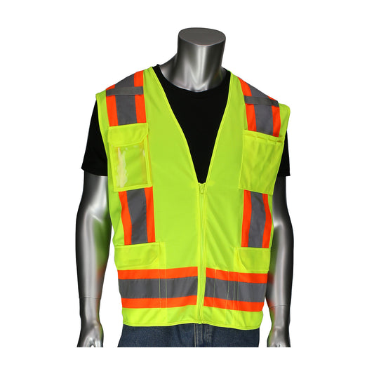 ANSI Type R Class 2 Two-Tone Eleven Pocket Surveyors Vest with Solid Front, Mesh Back and "D" Ring Access