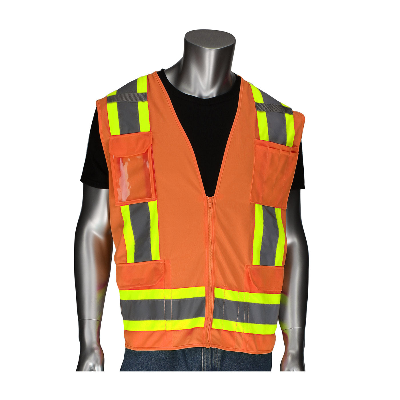 ANSI Type R Class 2 Two-Tone Eleven Pocket Surveyors Vest with Solid Front, Mesh Back and "D" Ring Access