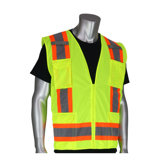 ANSI Type R Class 2 Two-Tone Eleven Pocket Surveyors Vest with Solid Front and Mesh Back