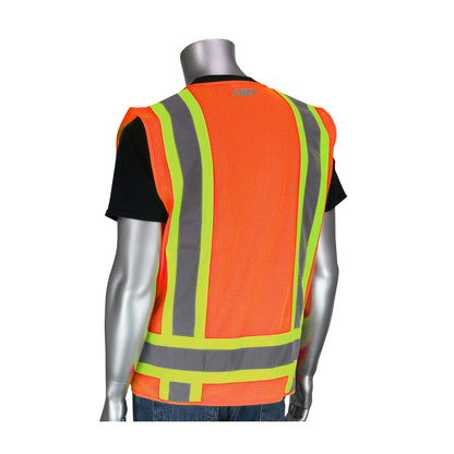 ANSI Type R Class 2 Two-Tone Eleven Pocket Surveyors Vest with Solid Front and Mesh Back