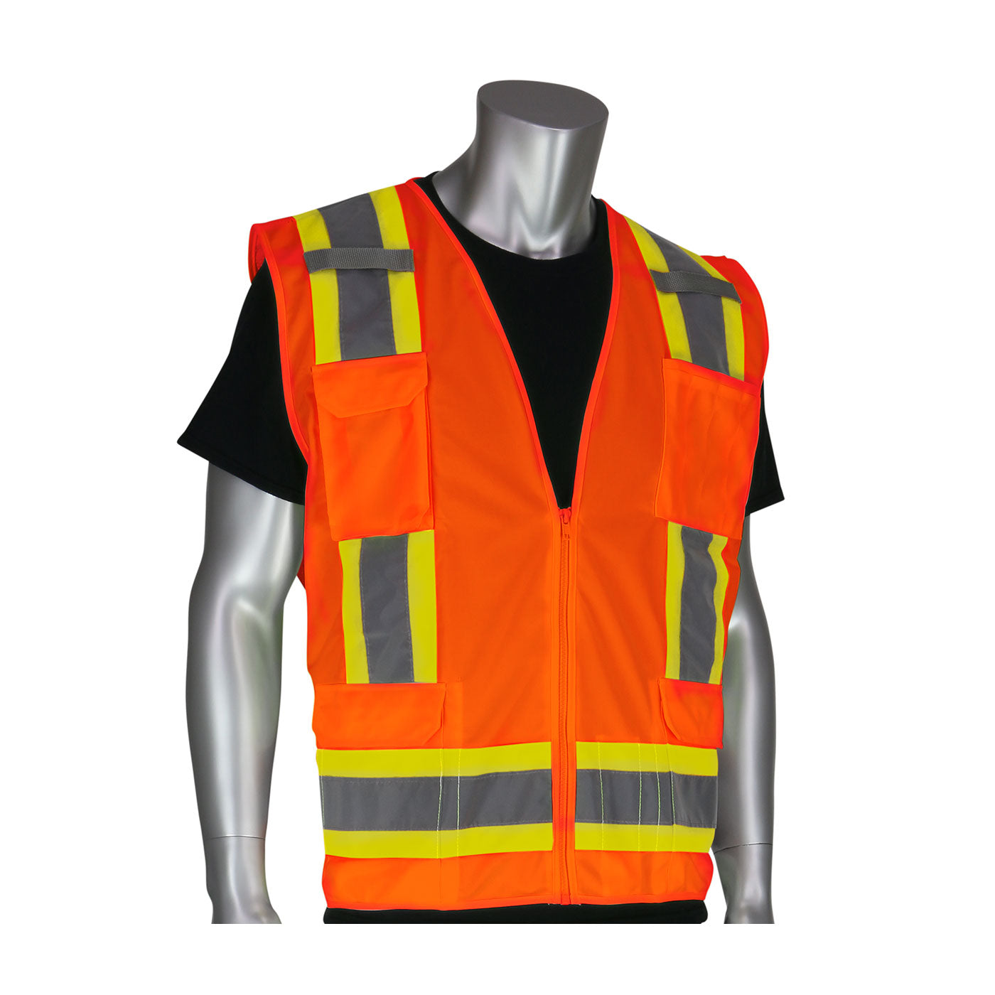 ANSI Type R Class 2 Two-Tone Eleven Pocket Surveyors Vest with Solid Front and Mesh Back