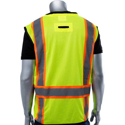 PIP® ANSI Type R Class 2 Two-Tone Eleven Pocket Tech-Ready Mesh Surveyors Vest with Ripstop Black Bottom Front and "D" Ring Access