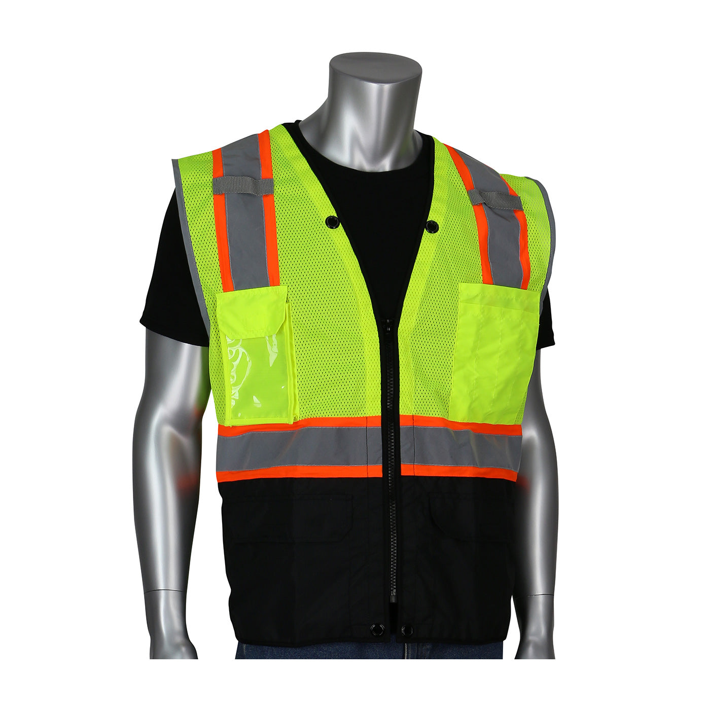 PIP® ANSI Type R Class 2 Two-Tone Eleven Pocket Tech-Ready Mesh Surveyors Vest with Ripstop Black Bottom Front and "D" Ring Access
