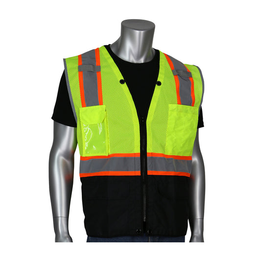PIP® ANSI Type R Class 2 Two-Tone Eleven Pocket Tech-Ready Mesh Surveyors Vest with Ripstop Black Bottom Front and "D" Ring Access