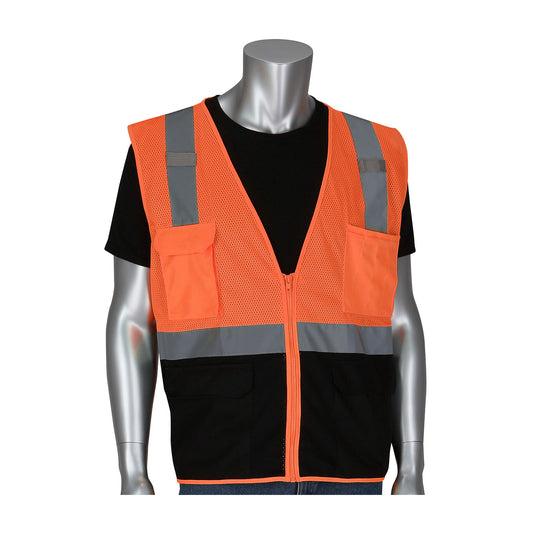 PIP 302-0710B-OR ANSI Type R Class 2 Five Pocket Value Mesh Vest with Black Bottom Front - view 3