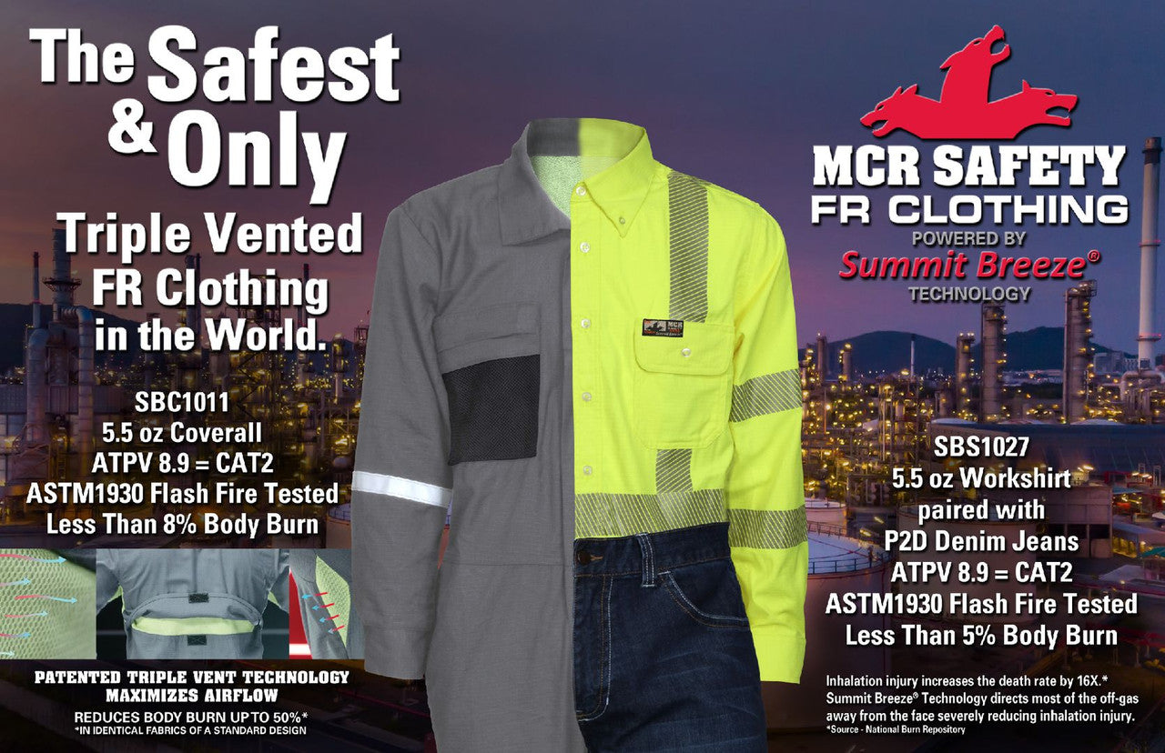 MCR Safety SBC1011 - Summit Breeze® Flame Resistant (FR) Coverall - Gray 5.5-ounce Inherent Blend Material - Long Sleeve with Vented Underarms and Back - 1 Inch Silver Reflective FR Stripes - CAT2 - ASTM F1930 Tested - Less Than 8% Body Burn — manufacturer image 6