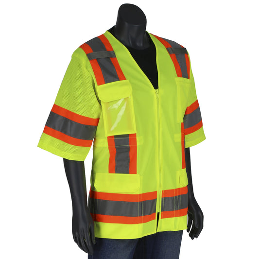 ANSI Type R Class 3 Women's Contoured Two-Tone Eleven Pocket Surveyors Vest with Solid Front and Mesh Back