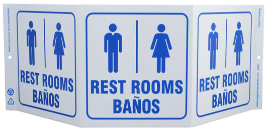 ZING Facility Sign "Restroom" Standard Triview, Bilingual - official Zing product image 1