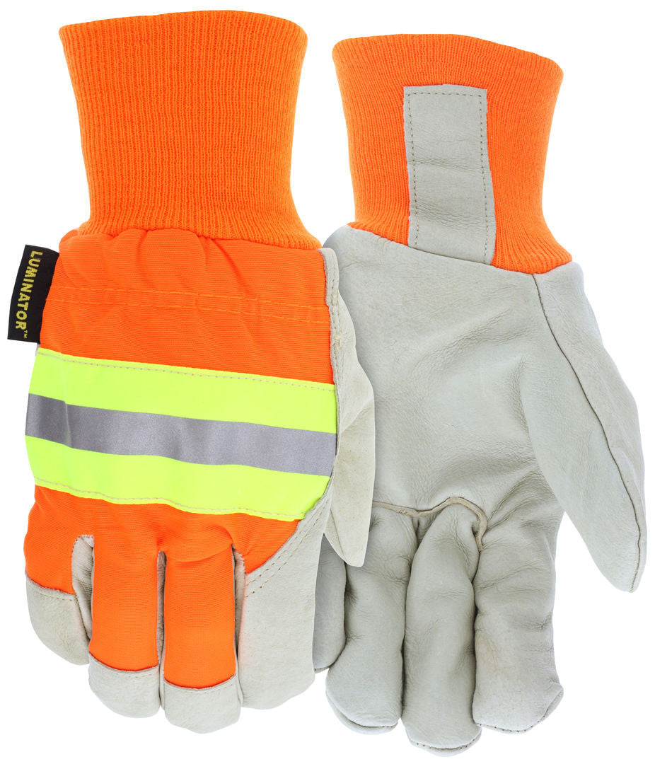 3440 - Luminator® Series Leather Drivers Work Gloves - Insulated with Thermosock® Lining - Grain Pigskin Leather Palm - Reflective Hi-Vis Back - Wing Thumb - Knit Wrist Helps Keep out Cold Air