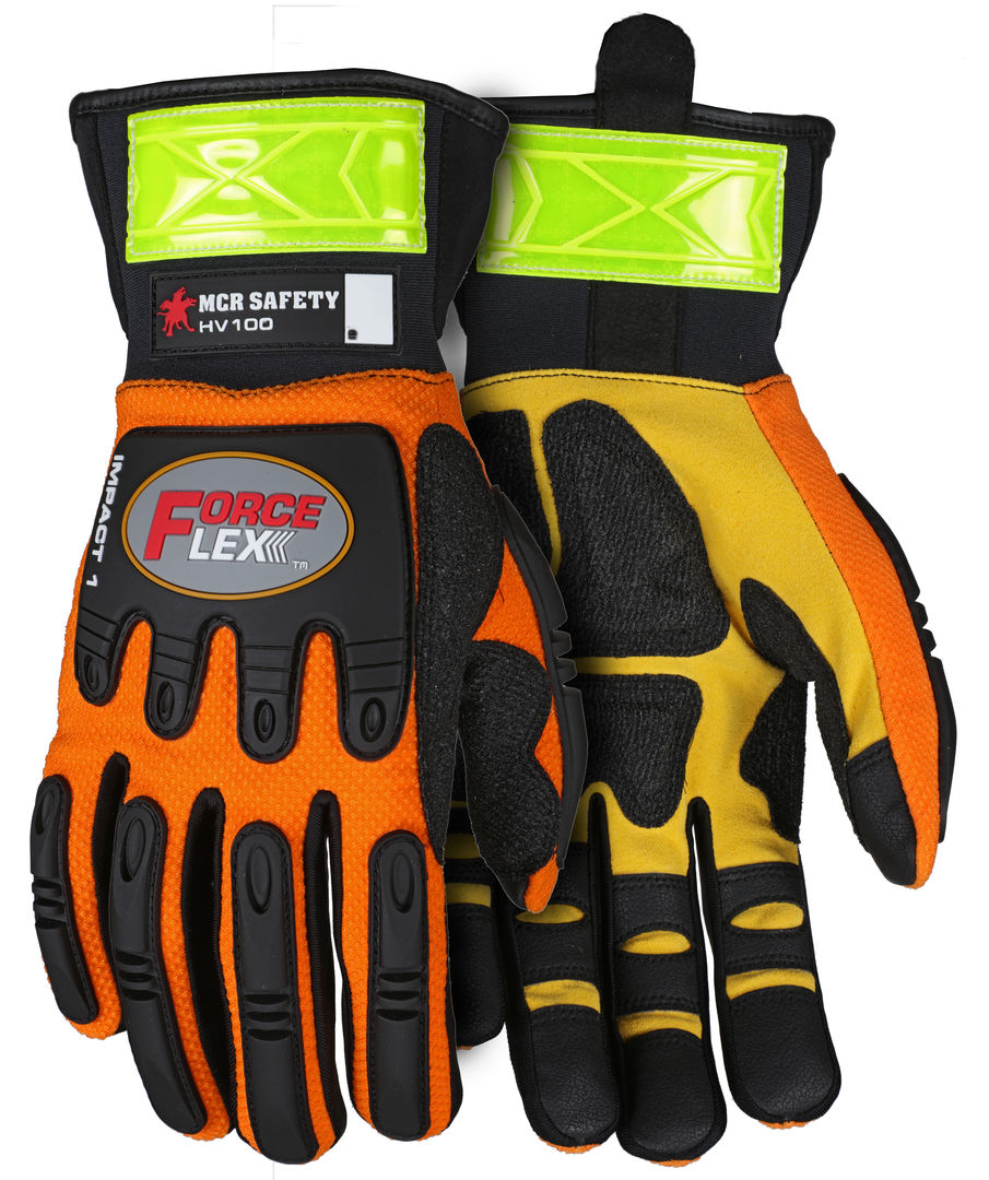 HV100 - ForceFlex® Mechanics Gloves, Padded Palm Reinforced with Rough Kevlar® Extended Neoprene Slip-On Cuff Reflective Stripes for Low Light Environments TPR Back for Metacarpal Protection Hi-Vis Orange back with reflective stripes, Padded Palm wi