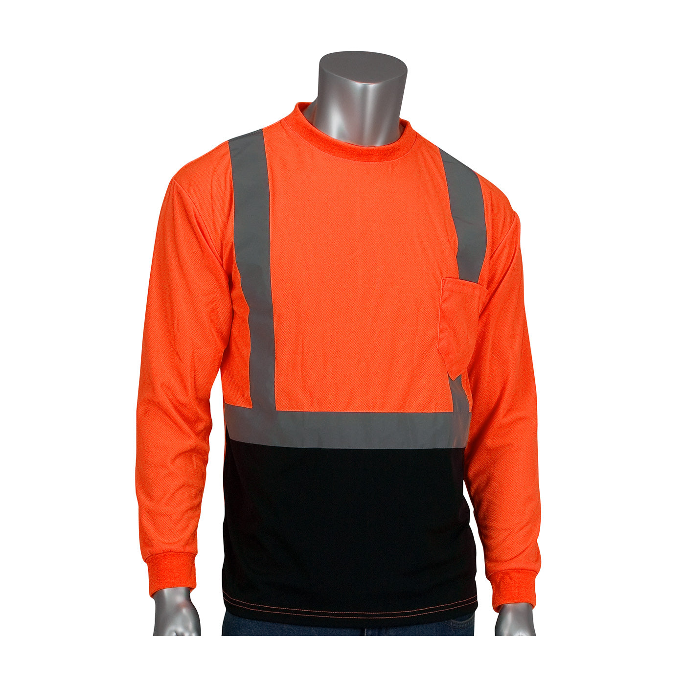 PIP® ANSI Type R Class 2 Long Sleeve T-Shirt with 50+ UPF Sun Protection and Black Bottom Front