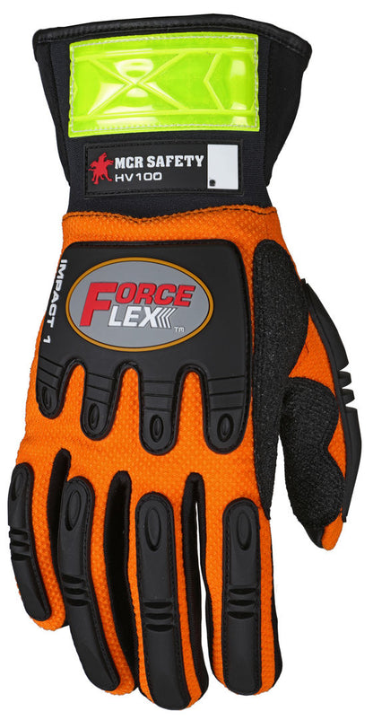 HV100 - ForceFlex® Mechanics Gloves, Padded Palm Reinforced with Rough Kevlar® Extended Neoprene Slip-On Cuff Reflective Stripes for Low Light Environments TPR Back for Metacarpal Protection Hi-Vis Orange back with reflective stripes, Padded Palm wi