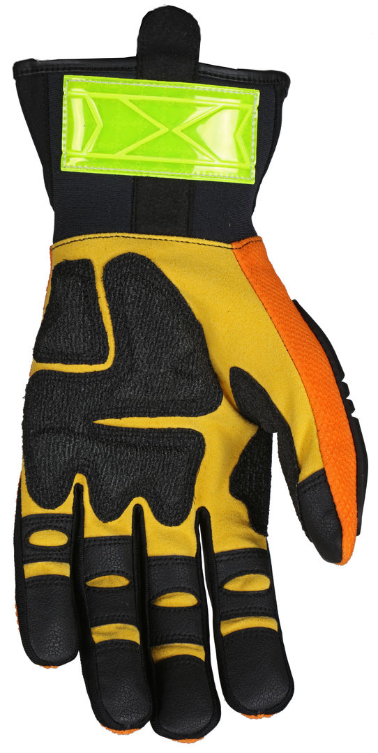 HV100 - ForceFlex® Mechanics Gloves, Padded Palm Reinforced with Rough Kevlar® Extended Neoprene Slip-On Cuff Reflective Stripes for Low Light Environments TPR Back for Metacarpal Protection Hi-Vis Orange back with reflective stripes, Padded Palm wi