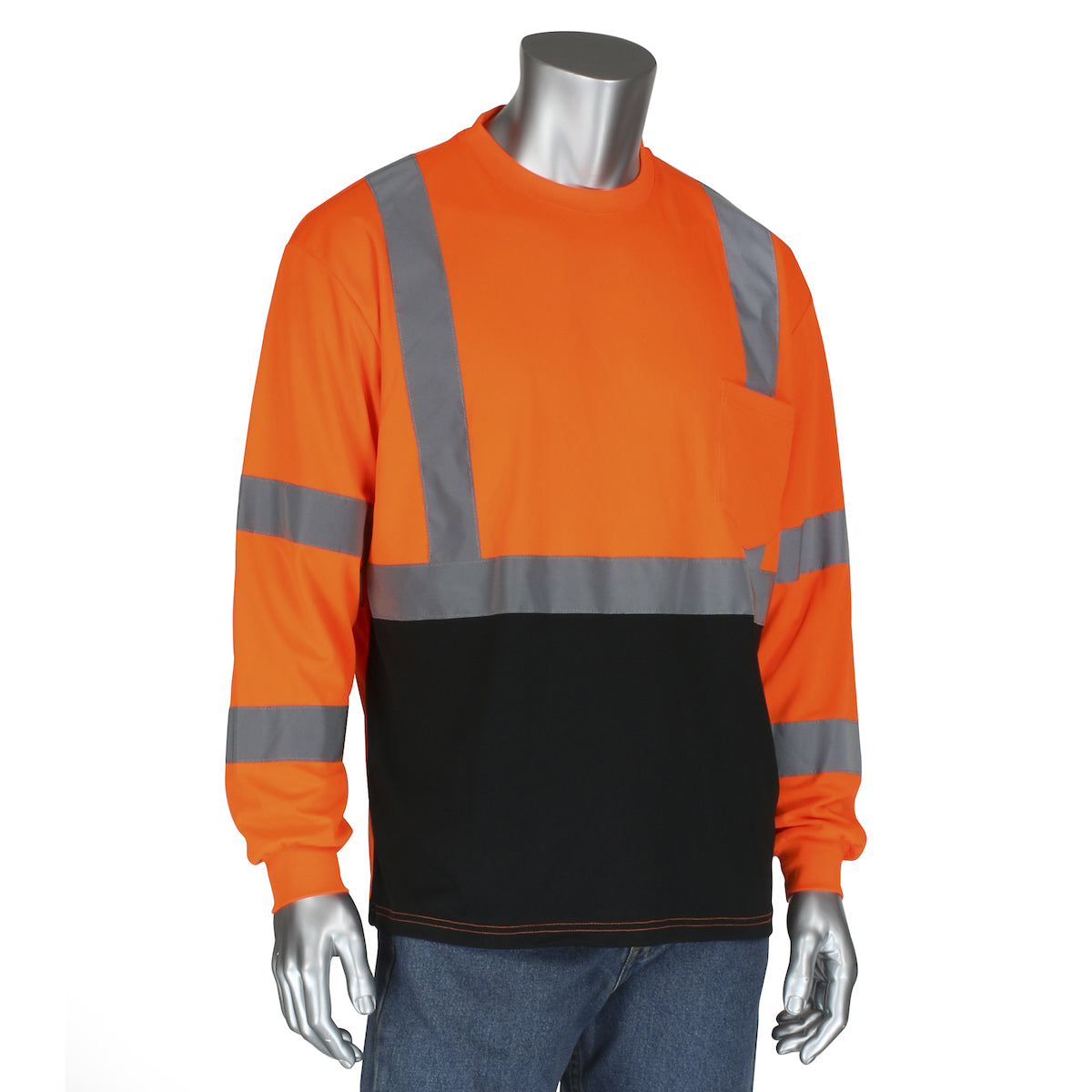 PIP® ANSI Type R Class 3 Long Sleeve T-Shirt with 50+ UPF Sun Protection and Black Bottom Front