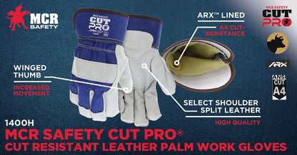 1400H - MCR Safety CutPro® - Cut-Resistant Leather Palm Work Gloves - Select B+ Grade Shoulder Split Leather - Lined with ARX® Cut-Resistant Fibers