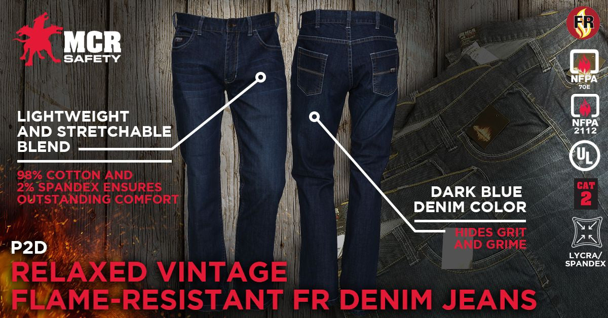MCR Safety P2D - MCR Safety FR Gear - Vintage Flame Resistant FR Jeans - Light Weight and Stretchable Material - Blue Denim Cotton and Spandex Fabric - FR Jeans Meet NFPA 70E and 2112 Requirements — manufacturer image 5