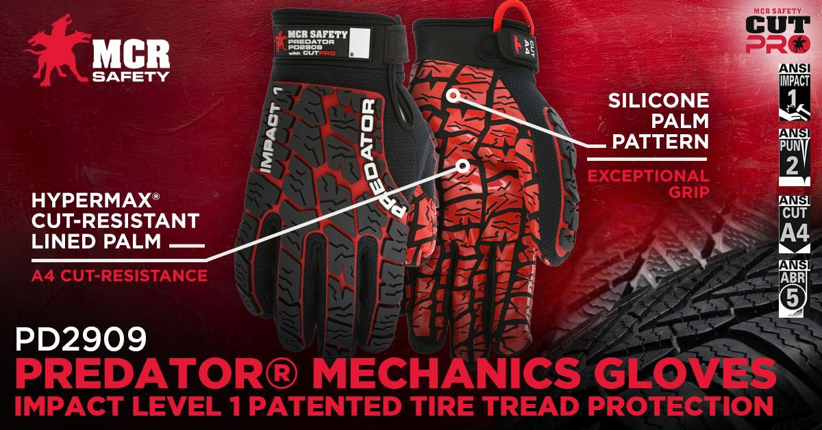 PD2909 - Predator® Mechanics Work Gloves - Impact Resistant Back - HyperMax® HPPE Cut Resistant Palm Liner - Synthetic Leather Palm with Tire Tread Grip - Patented Tire Tread TPR Back-of-Hand Protection - TPR Back Provides Excellent Impact Protection