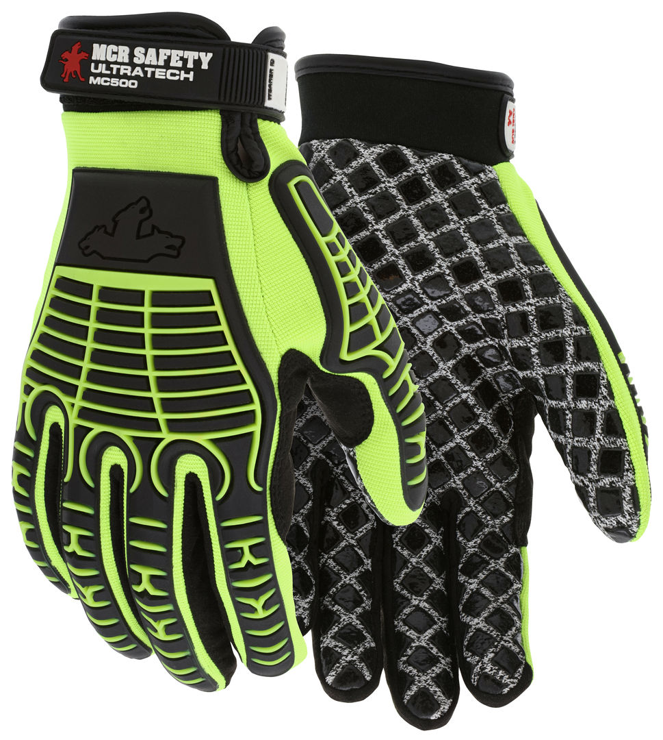 MC500 - MCR Safety UltraTech® Mechanics Gloves - Hi-Visibility Cut and Abrasion Resistant Gloves - 10 Gauge HPPE/Synthetic Brushed Nylon - Silicone Palm Blocks and TPR Cage Back - Excellent Cut Resistance with Back-of-Hand Impact Protection