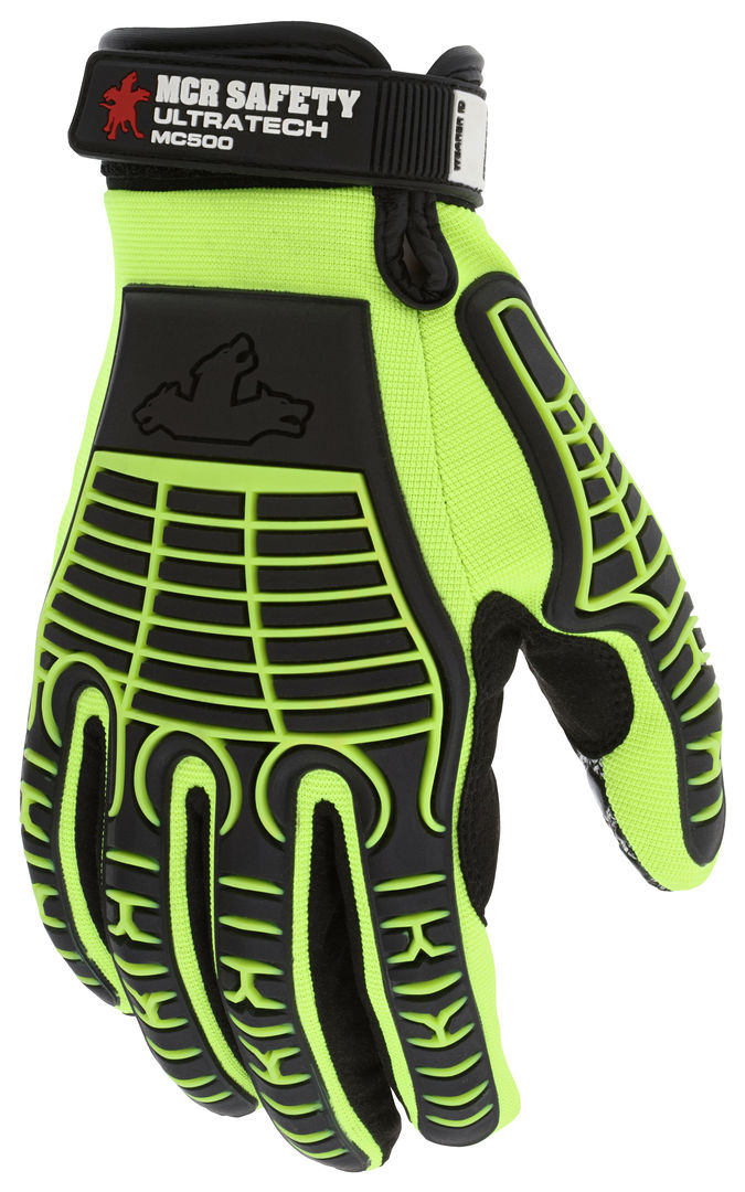 MC500 - MCR Safety UltraTech® Mechanics Gloves - Hi-Visibility Cut and Abrasion Resistant Gloves - 10 Gauge HPPE/Synthetic Brushed Nylon - Silicone Palm Blocks and TPR Cage Back - Excellent Cut Resistance with Back-of-Hand Impact Protection